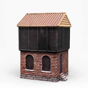May include: A detailed miniature brick building model with a brown ridged roof and dark walls. Features include arched windows, a small door, and a set of steps. The model is designed to resemble an old building.