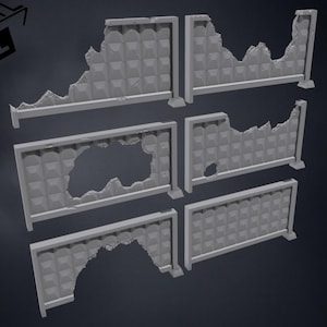 Può includere: Una collezione di sezioni di muro in cemento grigio e usurato con un motivo geometrico ripetuto. Alcune sezioni sono danneggiate, con bordi rotti e fori, suggerendo un tema post-apocalittico o dilaniato dalla guerra. I pezzi sono disposti su uno sfondo scuro.
