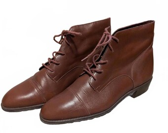90s Vintage Leather Ankle Boots: Brown Lace-up Booties, US  display picture 1