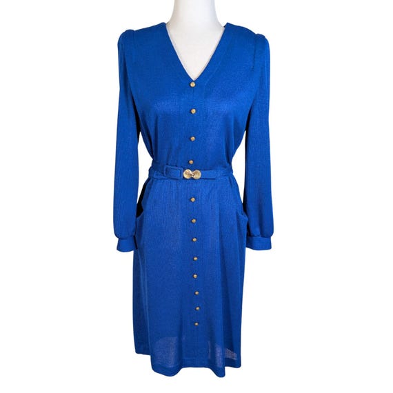 1970s Royal Blue Knit Dress with Gold Buttons, Pockets & Belt - 12P Long  Sleeve