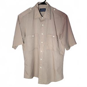 Vintage 80s Mervyn’s Men’s Collection Beige Dot Shirt – Epaulet Short Sleeve - men&#39;s Large