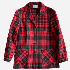 May include: A red and green plaid jacket with a collared neckline, three black buttons, and two front pockets. The jacket has a classic, button-down design and is made of a woven fabric.