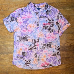 00s Y2K Basic Editions Hot Pink Purple Orange Floral Button-Up Vintage Medium