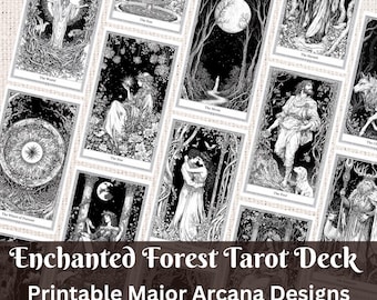 May include: Black and white printable tarot cards featuring illustrations of the major arcana. The cards are arranged in a grid pattern and feature a forest theme. The text "Enchanted Forest Tarot Deck" and "Printable Major Arcana Designs" is visible at the bottom of the image. The text "PNG + PDF" is also visible.