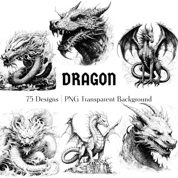 Ensemble de cliparts dragons | Noir et blanc | Dessins de tatouage | Designs de T-shirt | Fond transparent | Impressions numériques | Téléchargement instantané