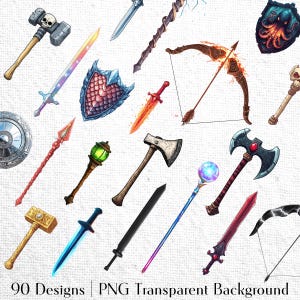 Conjunto de imágenes prediseñadas de armas imprimibles PNG / Juegos de rol / Juegos de mesa RPG / Accesorios de jugador de Game Master Digital / Ficha de icono de personaje