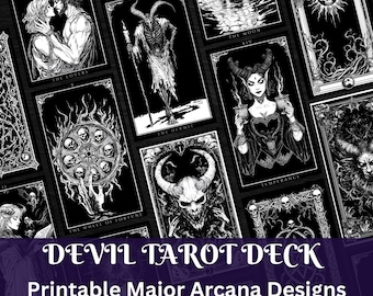 Könnte beinhalten: Schwarz-weißes druckbares Tarot-Deck mit den großen Arkana-Karten. Die Karten sind mit gotischen und okkulten Bildern illustriert. Die Karten sind mit den Namen der Karten beschriftet, wie z. B. "Die Liebenden", "Der Einsiedler", "Der Mond", "Mäßigkeit" und "Das Rad des Schicksals".