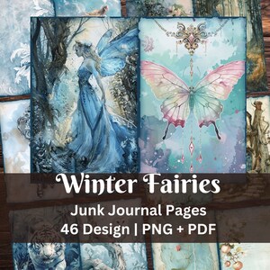 Aqua Blau Waldfee Junk Journal Seiten | Winter Magische Feen Illustration Scrapbook Ephemera Kit | Hintergrund zum Ausdrucken | Shabby-Chic