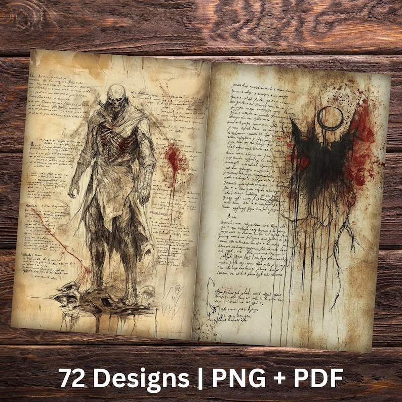 May include: An open book with two pages showing hand-drawn illustrations. The left page shows a skeletal figure with a cloak and the right page shows a dark figure with wings. The pages are filled with handwritten text and blood splatters.