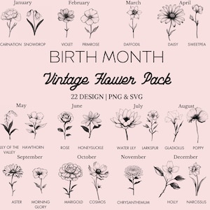 Pack design vintage fleur du mois de naissance | SVG | PNG | Fleurs | roses | Violette | coquelicot | Marguerite | Cosmos | Tatouage | Botanique | Clipart