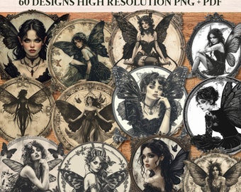 Gothic Fairy Ephemera Fussy Cut Sticker | Dark Fairies Junk Journal | Gothic Victorian Border Dark Academia Vintage Label Postcard Stamps |