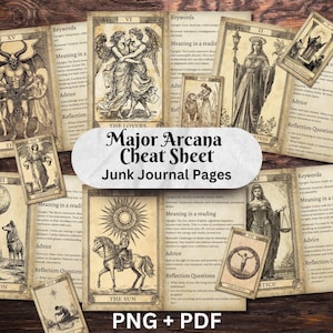 Hoja de trucos de cartas del tarot Páginas de diario vintage / Páginas de grimorio / Efímeras de álbum de recortes / Suministros de tarots imprimibles / Lectura de la fortuna del oráculo
