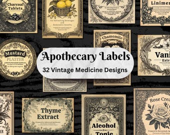 Vintage Printable Apothecary Labels Pack | Victorian Antique Medicine Bottle Label | Junk Journal Ephemera | Potion Stickers PNG | Jar Signs