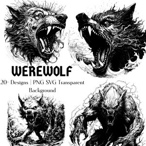 Conjunto de imágenes prediseñadas de hombre lobo / Blanco y negro / Diseños de tatuajes / Diseños de camisetas / Fondo transparente / Impresiones digitales / Descarga instantánea