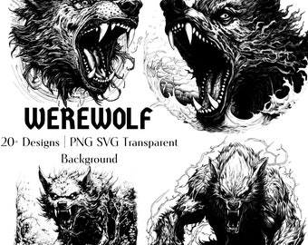 Werewolf Clipart Set | Black and White | Tattoo Designs | T Shirt Designs | Transparent Background | Digital Prints | Instant Download