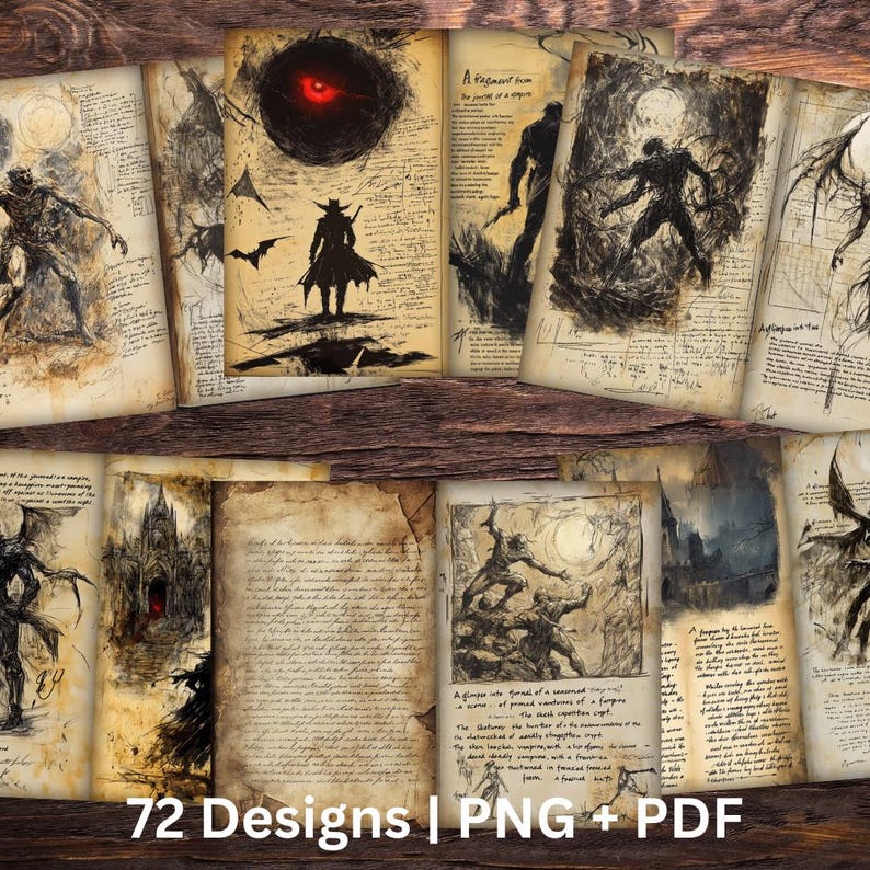 May include: A set of 72 digital illustrations featuring gothic and horror themes. The images are in a vintage style with handwritten text and sketches of creatures and scenes. The text includes phrases like "A fragment from the journal of a vampire" and "A glimpse into the spiral of a seasoned vampire".