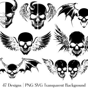 Set di clipart SVG PNG con teschio alato di angelo diavolo / Design del tatuaggio in bianco e nero / Teschio di pipistrello / File di arti digitali Cricut con teschio di demone / Horror