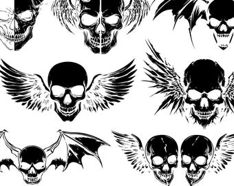 Devil Angel Winged Skull SVG PNG Clipart Set | Black and White Tattoo Design | Bat Skull | Demon Skull Digital Arts Cricut FIles | Horror