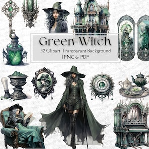 Pacote de bonecas de papel PNG de bruxas Steampunk | Ephemera imprimível | Gótico vitoriano | Diário de lixo de feiticeira de cristal esmeralda verde | Impressões de adesivos