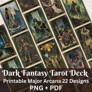 Cartas del tarot para imprimir, diseño de fantasía oscura, baraja digital, material para leer la fortuna, material efímero para scrapbooking, estética gótica