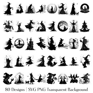 Strega sagoma in bianco e nero SVG PNG Mega Pack / Accademia oscura / Wiccan gotico / Libro delle ombre del grimorio / Logo della strega trasparente