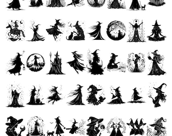 Witch Black and White Silhouette SVG PNG Mega Pack | Dark Academia | Gothic Wiccan | Grimoire Book of Shadows | Witch Logo Transparent