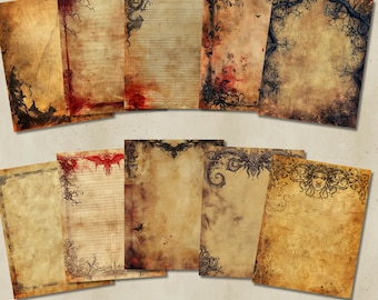 May include: 36 blank gothic pages with distressed paper textures and intricate black and red ink designs. The pages are perfect for journaling, scrapbooking, or crafting.