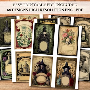 May include: A set of 68 printable vintage-style potion bottle labels in high resolution PNG and PDF format. The labels feature a variety of designs, including skulls, flowers, and witches. The labels are perfect for adding a spooky touch to your Halloween crafts.