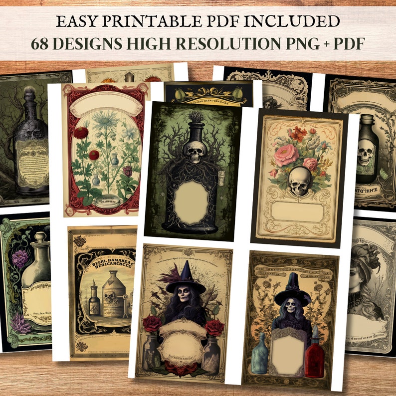 May include: A set of 68 printable vintage-style potion bottle labels in high resolution PNG and PDF format. The labels feature a variety of designs, including skulls, flowers, and witches. The labels are perfect for adding a spooky touch to your Halloween crafts.
