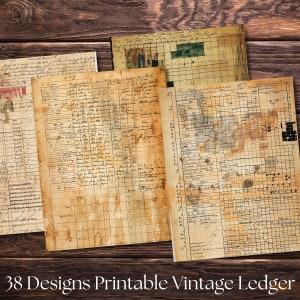 Vintage Ledger Junk Journal Seiten | Beunruhigt Digital Druckbares Hintergrundpapier | Antike Textur Seite | Schichtpapiere | PNG-Paket