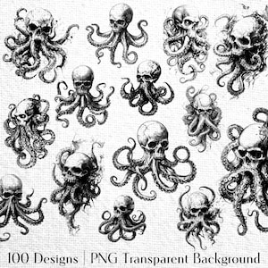 Ensemble de clip art tête de mort Kraken | Dessins de tatouage noir et blanc | Ensemble PNG de calmars de pieuvre de Cthulhu | Impressions de monstres d'horreur sur fond transparent