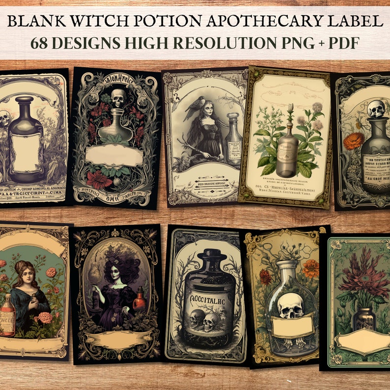 May include: A set of 68 printable witch potion apothecary labels in high resolution PNG and PDF format. The labels feature vintage-inspired illustrations of bottles, skulls, herbs, and flowers in a dark and whimsical style.