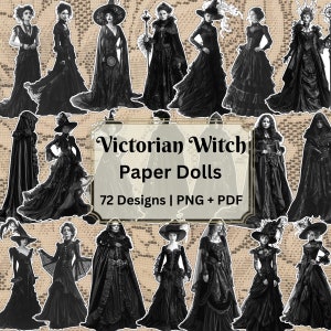 Bambole di carta vittoriane strega PNG / Taglio pignolo strega vintage / Ritaglio di Halloween / Moda del XIX secolo / Scrapbook Grimoire Ephemera / Gotico