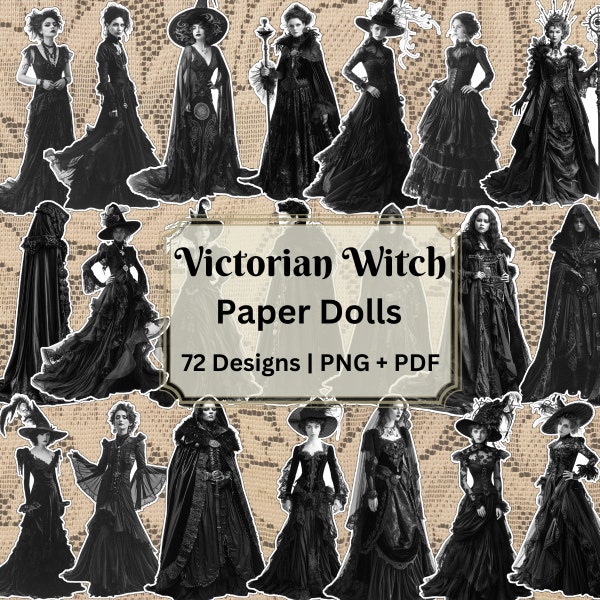 Witch Victorian Paper Dolls PNG | Vintage Witch Fussy Cut | Halloween Cutout | 19th Century Fashion | Scrapbook Grimoire Ephemera | Gothic
