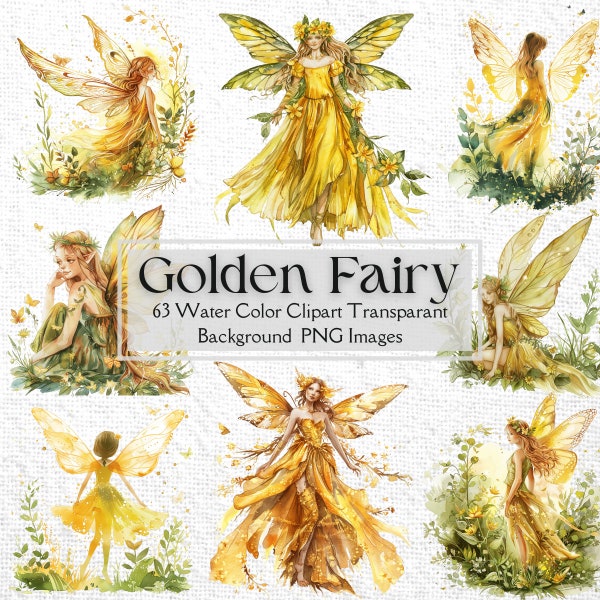 63 Golden Garden Fairy Clipart Pack | Yellow Watercolor Fairies Illustration PNG Bundle | Junk Journal Ephemera | Digital Prints | Magical