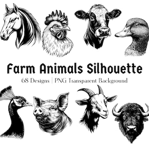 78 boerderijdieren hoofd silhouet PNG megapakket | Paard Kip Koe Eend Bundel | Animal Face-bestanden Cricut | Portret lasergesneden clipart