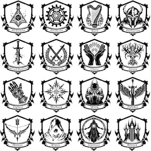 Paquete SVG PNG de emblema de clase de juego de rol / Juego de mesa RPG imprimible / Logotipo de escudo de clan / Mago, brujo, paladín, bárbaro