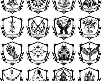 Role Playing Game Class Insignia Emblem SVG PNG Pack | Tabletop Gaming RPG Printable | Clan Crest Logo | Wizard Warlock Paladin Barbarian