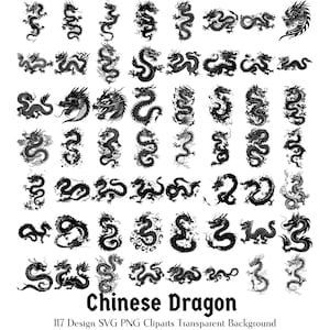 Ensemble de cliparts dragon chinois | Noir et blanc | Dessins de tatouage | Designs de T-shirt | Fond transparent | Impressions numériques | Téléchargement instantané