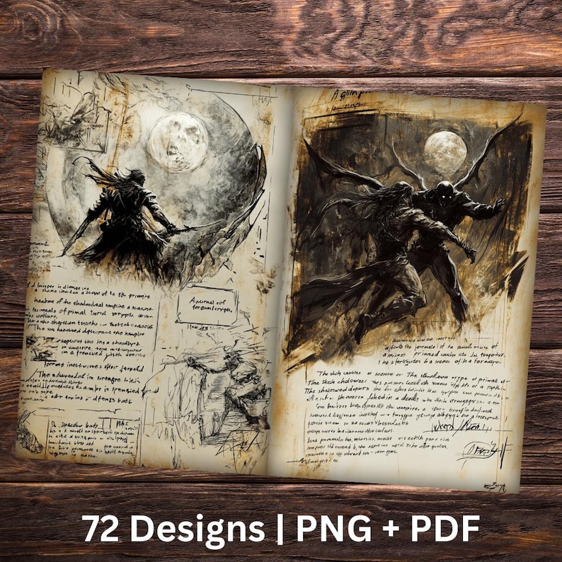 May include: A hand-drawn illustration of a dark figure with a sword, standing on a cliff with a full moon in the background. The illustration is on a page of a book with handwritten text about the figure's abilities. The text includes the words "Abnormal sot for giant-tongue".