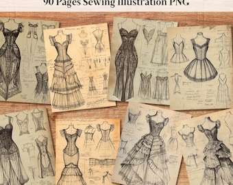 May include: A set of 90 printable pages featuring vintage illustrations of Victorian era dresses. The illustrations are in black and white and are drawn on a cream-colored paper background. The pages are perfect for junk journaling, scrapbooking, or other creative projects.