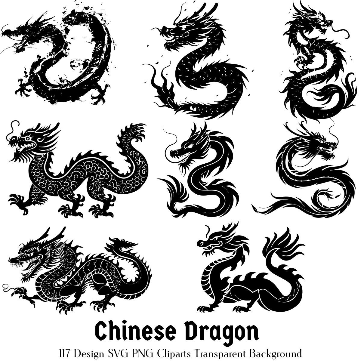 Chinese Dragon Clipart Set Black and White Tattoo Designs T Shirt ...