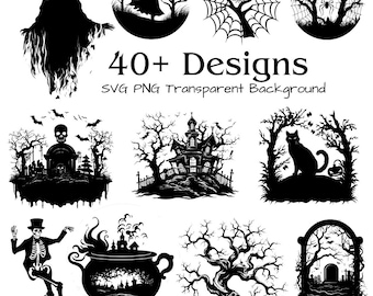 May include: A set of 40+ Halloween-themed SVG and PNG designs featuring black silhouettes of ghosts, witches, spiders, haunted houses, and more. The designs have transparent backgrounds.