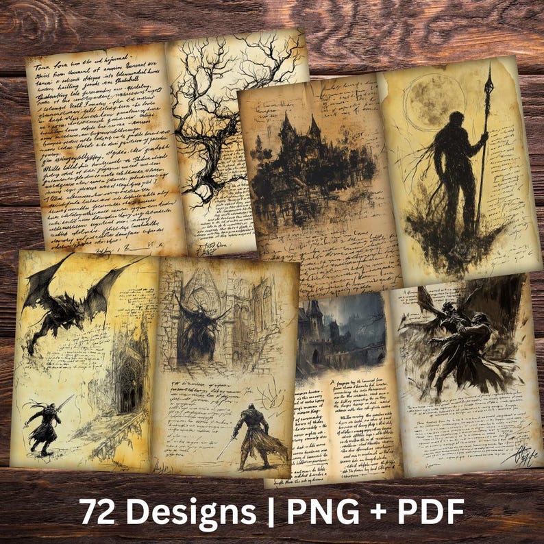 May include: A set of 72 digital printable images featuring gothic and dark fantasy illustrations. The images are in black and white and feature various creatures, landscapes, and text. The images are perfect for scrapbooking, card making, and other creative projects.