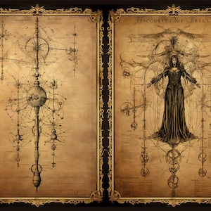 May include: A vintage-style illustration of a complex mechanical design with intricate details. The design features a central vertical structure with multiple interconnected components, including gears, wheels, and levers. The illustration is rendered in shades of brown and black on a parchment-like background.