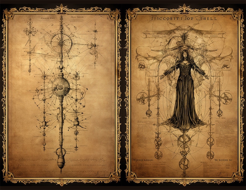 May include: A vintage-style illustration of a complex mechanical design with intricate details. The design features a central vertical structure with multiple interconnected components, including gears, wheels, and levers. The illustration is rendered in shades of brown and black on a parchment-like background.