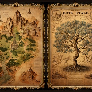 May include: A vintage-style map of a fantasy world with a large mountain range, a river, and a castle in the center. The map is surrounded by a decorative frame. On the right side of the image is a detailed illustration of a large tree with blue leaves and a thick trunk. The tree is surrounded by smaller plants and flowers. The illustration is also surrounded by a decorative frame. The text "PRAI TO DERE ENTE. TFALE" is at the top of the illustration.