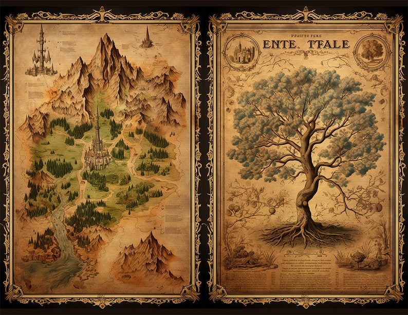 May include: A vintage-style map of a fantasy world with a large mountain range, a river, and a castle in the center. The map is surrounded by a decorative frame. On the right side of the image is a detailed illustration of a large tree with blue leaves and a thick trunk. The tree is surrounded by smaller plants and flowers. The illustration is also surrounded by a decorative frame. The text "PRAI TO DERE ENTE. TFALE" is at the top of the illustration.