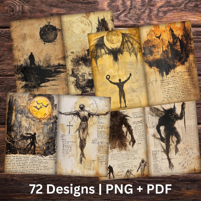 May include: A set of 72 digital paper designs featuring vintage-style illustrations of spooky creatures, bats, and gothic architecture. The papers have a distressed, aged look and are perfect for scrapbooking, card making, and other crafting projects.