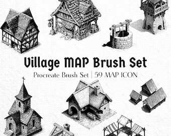 Könnte beinhalten: Schwarz-Weiß-Illustration eines Dorf-Kartenpinselsets. Das Bild zeigt verschiedene Gebäude im mittelalterlichen Stil, darunter Häuser, eine Kirche, einen Brunnen und einen Wachturm. Der Text "Village MAP Brush Set" und "Procreate Brush Set | 59 MAP ICON" werden angezeigt.